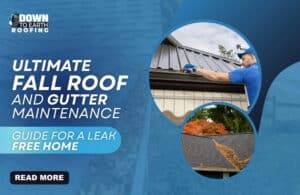 Blog 5 Graphic showing fall roof and gutter maintenance with a worker cleaning gutters and seasonal leaves on a roof
