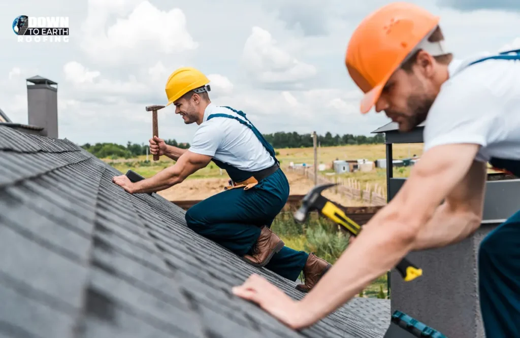 Roofing contractors installing asphalt shingles on a residential roof, using hammers and safety gear for professional roof repair and installation services.